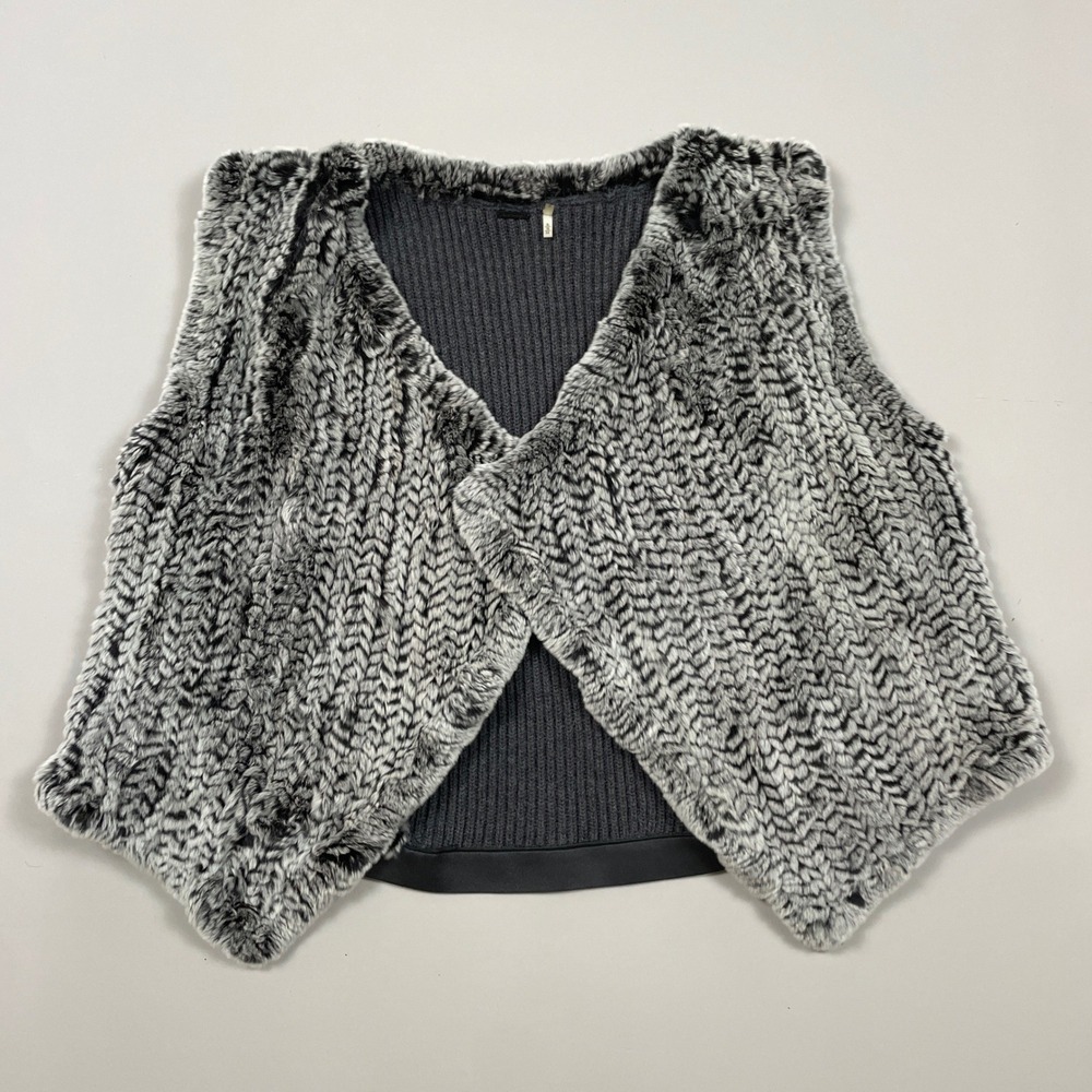 Elie Tahari Womens Grey Real Rabbit Fur Knit Back Open Front Vest XL